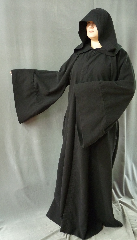 Robe:R160, Robe Style:Black Anakin Episode III near the end Robe, Robe Color:Black, Front/Collar:Hooded with Black cloth-covered hook and eye, Approx. Size:M to L, Fiber:Cotton Moleskin, Neck:Up to 18", Neck Length:22", Sleeve:36", Chest:Fits up to 41" (46"), Length:63", Height:Up to 6'3".