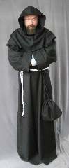 Robe:R165, Robe Style:Monk's Robe with removable hooded cowl, Robe Color:Black, Front/Collar:Round neck, Approx. Size:L to XXXL, Fiber:Fine Black Wool Flannel, Sleeve:34", Chest:64", Length:62", Height:Up to 6'2", Note:Rope Belt and Pouch are included. Hand wash cold and line dry..