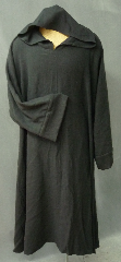 Robe:R175, Robe Style:Monk's Robe with attached hooded cowl, Robe Color:Black, Front/Collar:Round neck with attached hooded cowl, Fiber:Barkcloth - Rayon/Cotton, Neck:26", Sleeve:34", Chest:52", Length:48".