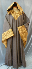 Robe:R177, Robe Style:Ritual Robe, Robe Color:Brown with brown, golden tan and harvest gold print, Front/Collar:Key Hole neck with attached hood, Approx. Size:L to XXL, Fiber:Cotton twill, with cotton print trim, Sleeve:34.5", Chest:54", Length:60", Note:This robe is made of and trimmed in 100% cotton, <br>making it a completely natural garment! <br>This wonderful ritual garment is trimmed around the hood, sleeves, and neck <br>in a gorgeous brown, golden tan, and harvest gold colored cotton print.<br> Moderately stiff brown cotton twill can be warn alone or over layers, <br>while the oak & acorn trim pays respects to nature and the earth elements in all their glory.<br> Great for autumn rituals..