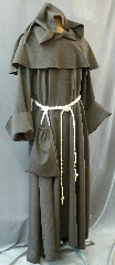 Robe:R178, Robe Style:Monk's Robe with removable hooded cowl with liripipe, Robe Color:Grey, Front/Collar:Round neck, Fiber:Washed Wool, Neck:29", Sleeve:34", Chest:68", Length:57", Note:Rope Belt and Pouch are included. Hand wash cold and line dry..