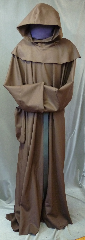 Robe:R180, Robe Style:Monk's Robe with removable hooded cowl, Robe Color:Brown, Front/Collar:Round neck, Approx. Size:L to XXXL, Fiber:Wool Garbardine, Neck:31", Sleeve:35.5", Chest:58", Length:63", Height:Up to 6' 5". Can be shortened, Note:Monks Robe comes with a rope belt (not shown) and pouch. The belt shown is available for an additional $35.