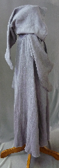 Robe:R183, Robe Style:Gandalf the Grey, Robe Color:Grey, Front/Collar:Hooded with liripipe, florentine hook & eye clasp, Approx. Size:Youth / Small Adult, Fiber:Heavy Coarse Linen, Neck:23", Sleeve:31", Chest:48", Length:48", Height:Up to 5'.