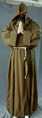 Robe:R188, Robe Style:Monk's Robe with removable hooded cowl, Robe Color:Brown, Front/Collar:Wide rounded neck, Approx. Size:3X - 6X, Fiber:Tropical Weight Worsted Wool Suiting, Sleeve:38", Chest:Fits up to 70 (74"), Length:70", Height:Up to 6'10", Note:Rope Belt and Pouch are included. Hand wash cold and line dry..