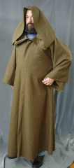 Robe:R202, Robe Style:Jedi Robe, Episode I Obi-Wan, Robe Color:Heathered Light Brown, Front/Collar:Hooded with Brown cloth-covered hook and eye, Approx. Size:L to XXL, Fiber:Washed Tropical Weight Worsted Wool Suiting, Neck:23.5", Sleeve:34", Chest:56", Length:56.5", Height:up to 5'6".