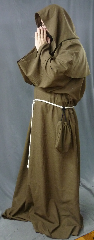 Robe:R203, Robe Style:Monk's Robe with removable hooded cowl, Robe Color:Heathered Light Brown, Front/Collar:Round neck, Approx. Size:L to XXXL, Fiber:Washed Tropical Weight Worsted Wool Suiting, Sleeve:37", Chest:66", Length:65", Height:up to 6' 5", Note:Rope Belt and Pouch are included. Machine wash cold and line dry..