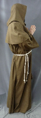 Robe:R204, Robe Style:Monk's Robe with removable hooded cowl, Robe Color:Heathered Light Brown, Front/Collar:Round neck, Approx. Size:L to XXXL, Fiber:Washed Tropical Weight Worsted Wool Suiting, Sleeve:34", Chest:61", Length:60", Height:up to 6', Note:Rope Belt and Pouch are included. Machine wash cold and line dry..