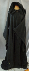 Robe:R207, Robe Style:Emperor Palpatine / Darth Sidious Outer Robe, Robe Color:Black, Front/Collar:Hooded with Black enamel painted pewter clasp, Approx. Size:3X - 6X, Fiber:Wool Broken Weave Twill, Lightweight, Neck:26", Sleeve:37", Chest:Fits up to 70 (76"), Length:67", Height:Up to 6' 7".