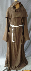Robe:R213, Robe Style:Monk's Robe with removable hooded cowl, Robe Color:Brown, Front/Collar:keyhole neck, Fiber:60% Wool 40% Rayon Twill, Sleeve:37", Chest:60", Length:65", Height:up to 6' 5", Note:Comes with Rope Belt and Pouch.