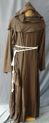 Robe:R214, Robe Style:Monk's Robe with removable hooded cowl, Robe Color:Brown, Front/Collar:keyhole neck, Fiber:60% Wool 40% Rayon Twill, Sleeve:34", Chest:56", Length:52", Note:Comes with Rope Belt and Pouch.