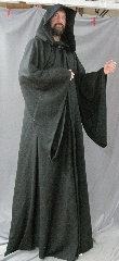 Robe:R235, Robe Style:Sith, Robe Color:Black, Front/Collar:Hooded with Black cloth-covered hook and eye, Fiber:Light weight wool blend flat weave, Neck:25", Sleeve:35", Chest:49", Length:68", Height:Up to 6' 8".