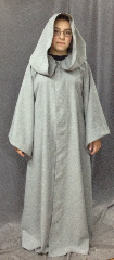 Robe:R236, Robe Style:Gandalf the Grey, Robe Color:Light Grey, Front/Collar:Hooded with liripipe, florentine hook & eye clasp, Fiber:Polyester, Neck:21", Sleeve:28", Chest:48", Length:54", Height:Up to 5' 7".