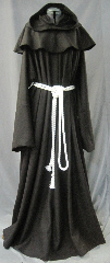 Robe:R240, Robe Style:Monk's Robe with removable hooded cowl, Robe Color:Dark Brown, Front/Collar:Round neck, Fiber:Midweight Wool Melton, Neck:29", Sleeve:40", Chest:56", Length:66", Height:Up to 6' 6", Note:Rope Belt and Pouch are included. Dry Clean Only..