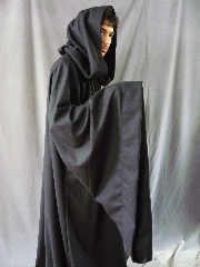 Robe:R242, Robe Style:Sith, Robe Color:Black, Front/Collar:Hooded with metal rope hook and eye clasp, Fiber:Flat Weave Light Weight Wool, Neck:24", Sleeve:40", Chest:Up to 60", Length:68", Height:Up to 6' 8".