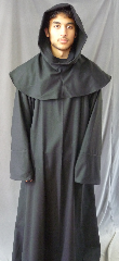 Robe:R243, Robe Style:Monk's Robe with attached hooded cowl, Robe Color:Black, Front/Collar:Round neck, Fiber:Thin Flat Weave Wool, Neck:23.5", Sleeve:36", Chest:Up to 60", Length:67", Height:Up to 6' 7", Note:Rope Belt and Pouch (not shown) are included. Dry Clean Only..