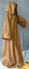 Robe:R249, Robe Style:Obi-Wan Jedi Robe, Robe Color:Cinnamon Brown, Front/Collar:Hooded with Brown cloth-covered hook and eye, Fiber:100% Wool Melton, Neck:21", Sleeve:36", Chest:Up to 48", Length:64", Height:up to 6' 4".