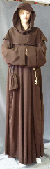 Robe:R250, Robe Style:Monk's Robe with removable hooded cowl, Robe Color:Brown, Front/Collar:Round neck, Approx. Size:XL to XXXXL, Fiber:Fine Wool Blend Suiting, Sleeve:38", Chest:60", Length:67", Height:Up to 6' 7", Note:Machine washable. Comes with Rope Belt and Pouch.