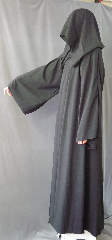 Robe:R254, Robe Style:Grim Reaper, Robe Color:Black, Front/Collar:Hooded with plain rope hook and eye clasp, Fiber:Wool Suiting, Neck:21", Sleeve:35", Chest:44", Length:60", Height:Up to 6'.