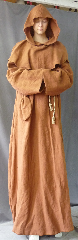 Robe:R255, Robe Style:Monk's Robe with removable hooded cowl, Robe Color:Terra Cotta, Front/Collar:Round neck, Fiber:100% Linen, Sleeve:35", Chest:64", Length:67", Height:Up to 6' 7", Note:Machine washable. Comes with Rope Belt and Pouch.