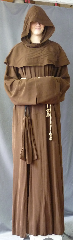 Robe:R256, Robe Style:Monk's Robe with removable hooded cowl, Robe Color:Milk Chocolate, Front/Collar:Round neck, Fiber:Wool / Rayon blend, Sleeve:36", Chest:62", Length:63", Height:Up to 6' 3", Note:Rope Belt and Pouch are included. Dry Clean Only..