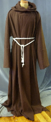 Robe:R258, Robe Style:Monk's Robe with attached hooded cowl, Robe Color:Brown, Fiber:Corded Wool 80%/20%, Neck:28", Sleeve:40", Chest:64", Length:63", Height:Up to 6' 3", Note:Rope Belt is included. Dry Clean Only..