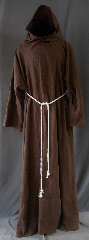 Robe:R260, Robe Style:Monk's Robe with attached hooded cowl, Robe Color:Brown, Fiber:100% Linen, Neck:30", Sleeve:35", Chest:66", Length:64", Height:Up to 6' 4", Note:A fun garment made of lightweight<br>chocolate brown linen that is strong,<br>allows moisture to evaporate with speed,<br>and breathe well.<br>The rope belt is included<br>with the option of a leather belt for an added $44<br>Machine washable cold gentle, tumble dry low..