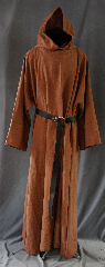 Robe:R261, Robe Style:Monk's Robe with attached hooded cowl, Robe Color:Golden Brown/Caramel, Fiber:100% Linen, Neck:28", Sleeve:37", Chest:70", Length:62", Height:Up to 6' 2", Note:A fun garment made of lightweight<br>golden brown linen that is strong,<br>allows moisture to evaporate with speed,<br>and breathe well.<br>The rope belt is included<br>with the option of a leather belt for an added $44<br>Machine washable cold gentle, tumble dry low..