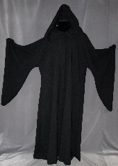 Robe:R262, Robe Style:Emperor Palpatine style Robe or Holocaust Style Cloak, Robe Color:Black, Front/Collar:Hooded with Black cloth-covered hook and eye, Fiber:100% Light Weight Wool, Neck:25", Sleeve:40", Chest:78", Length:66", Height:Up to 6' 6", Note:Light weight with cording in the hood<br>and adjustable ruch on the sleeves.<br>Machine washable cold gentle,<br>tumble dry low..