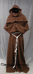 Robe:R265, Robe Style:Monk's Robe with detached hood, Robe Color:Brown, Fiber:Corded Wool 65%/35%, Neck:28", Sleeve:38", Chest:58", Length:58", Height:Up to 5' 10", Note:A fun warm garment made of a<br>Wool blend with a woven texture.<br>The rope belt is included with the option<br>of a leather belt for an added $44.<br>Hand Washable.