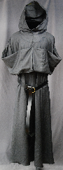 Robe:R266, Robe Style:Franciscan Grey Friar's Habit, Robe Color:Grey, Front/Collar:Robe with attached hooded cowl, Fiber:Very Fine Wool Suiting, Neck:28", Sleeve:30", Chest:Up to 46", Length:56.5", Height:Up to 5' 9.5", Note:This garment made is of lightweight<br>Grey Very Fine wool Suiting.<br>Versatile as a monk or Plague Dr<br>The rope belt is included<br>with the option of a leather belt<br>for an added $44<br>Hand wash cold, line dry<br><br>NOTE: Marked down because there are<br>3 tiny darned holes on forearm of left sleeve..