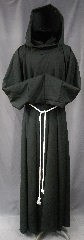 Robe:R267, Robe Style:Monk or Plague Dr, Robe Color:Green almost Black, Front/Collar:Robe with attached hooded cowl, Fiber:Very Fine mixed Wool Suiting, Neck:24", Sleeve:37", Chest:up to 48", Length:60", Height:Up to 6', Note:This garment is made of lightweight<br>Green almost Black Very Fine wool Suiting.<br>Versatile as a monk or Plague Dr<br>The rope belt is included<br>with the option of a leather belt<br>for an added $44<br>Hand wash cold, line dry.