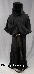 Robe:R270, Robe Style:Monk or Plague Dr, Robe Color:Black, Front/Collar:Robe with attached hooded cowl, Fiber:Very Fine Wool Suiting, Neck:28", Sleeve:33", Chest:58", Length:60", Height:Up to 6', Note:This garment is made of lightweight<br>Very Fine wool Suiting.<br>Versatile as a monk or Plague Dr<br>The rope belt is included<br>with the option of a leather belt<br>for an added $44<br>Hand wash cold, line dry.
