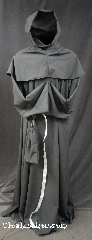 Robe:R274, Robe Style:Monk's Robe with detached hooded cowl and pouch, Robe Color:Grey, Front/Collar:Round neck, Fiber:Wool / Polyester blend, Neck:28", Sleeve:39", Chest:60", Length:62", Height:Up to 6' 2", Note:A fun garment made of lightweight Grey wool Suiting.<br> Comes with rope belt seen in other pictures<br>with the option of a leather belt for an added $44.<br> Machine Washable.