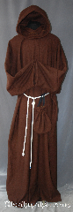 Robe:R284, Robe Style:Monks Robe with Attached cowl and pouch, Robe Color:Russet Brown, Fiber:80% 20% Wool Nylon, Neck:23", Sleeve:31", Chest:66", Length:64", Height:Up to 6' 4", Note:This russet wool blend robe<br>has a woven texture reminiscent<br>of medieval times.<br>The attached hood and the matching<br>coin pouch and rope belt is included<br>with the option of a leather belt<br>for an added $44.<br>It can be warn as a complete outfit<br>with no extra pieces needed.<br>Perfect for outdoor events.<br>Dry Clean Only..