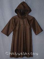 Robe:R290, Robe Style:Little Jedi, Robe Color:Brown, Front/Collar:Hooded with snap clasp, Fiber:80% 20% Wool Nylon, Neck:16", Sleeve:17", Chest:Up to 28", Length:26", Note:Sized for young padawans<br>this light weight wool robe is<br>perfect for play and warmth.<br>With a snap clasp and hood you won't<br>have to argue with them to put<br>it on for cool evenings.<br>Dry clean only.