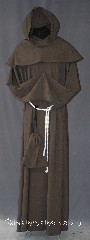 Robe:R291, Robe Style:Monks Robe with Detached cowl and pouch, Robe Color:Cocoa Brown, Front/Collar:Round neck, Fiber:100 % Light Weight Wool, Sleeve:37", Chest:58", Length:62", Height:Up to 6' 2", Note:A light weight cocoa monks robe<br>made of a lightweight wool suiting.<br>Can be hemmed to desired length.<br>Perfect for summer or indoor events.<br>Rope belt included with the option<br>of a leather belt for extra $45.<br>Dry clean only..