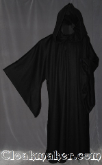Robe:R293, Robe Style:Sith or Holocaust Style Cloak, Robe Color:Black, Front/Collar:Hooded with Black cloth-covered hook and eye, Fiber:80% Wool 20% Cashmere, Neck:27.5", Sleeve:37", Chest:72", Length:65", Height:Up to 6' 5". Can be shortened, Note:With a large hood and wide pointed sleeves<br>this robe has a dramatic presence for<br>members of the dark and light<br>side of the force.<br>Dry Clean only..
