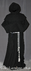 Robe:R294, Robe Style:Monks Robe with Detached cowl and pouch, Robe Color:Black, Front/Collar:Round neck, Fiber:Midweight basket-weave 100% Wool, Neck:28", Sleeve:36", Chest:54", Length:65", Height:Up to 6' 5". Can be shortened, Note:A mid weight black woven<br>monks robe made of a 100%<br>rustic looking wool is perfect for<br>cooler indoor and outdoor events.<br>The detached hood is reversible<br>for ease of use and can<br>be hemmed to desired length.<br>Rope belt included with the option<br>of a leather belt for extra $45.<br>Dry clean only..