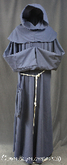 Robe:R298, Robe Style:Monks Robe with Detached cowl and pouch, Robe Color:Steel Grey, Front/Collar:Round neck, Fiber:Cotton Poly blend, Neck:24", Sleeve:38", Chest:62", Length:62", Height:Up to 6' 2". Can be shortened, Note:A light weight steel grey<br>monks robe made of a Cotton poly blend<br>Perfect for summer or indoor events.<br>Can be hemmed to desired length.<br>Rope belt included with the option<br>of a leather belt for extra $45.<br>Machine washable..