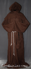 Robe:R301, Robe Style:Monks Robe with Detached cowl and pouch, Robe Color:Brown, Front/Collar:Round neck, Fiber:100% Linen, Neck:24", Sleeve:38", Chest:60", Length:66", Height:Up to 6' 6". Can be shortened, Note:A light weight brown woven<br>monks robe made of a breathable linen.<br>Cuff is finished and can be folded<br>up without showing raw edges<br>.Can be hemmed to desired length.<br>Rope belt included with the option<br>of a leather belt for extra $45.<br>Machine Washable..