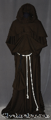 Robe:R305, Robe Style:Monks Robe with Detached cowl and coin pouch, Robe Color:Brown, Front/Collar:Round neck, Fiber:100% Wool, Neck:24", Sleeve:40", Chest:Up to 60", Length:65", Height:Up to 6' 5". Can be shortened, Note:This light weight brown monks robe<br>with a green tint made of<br>100% wool is perfect for<br>cool indoor events.<br>The detached hood is removable<br>for ease of use and can be<br>hemmed to desired length<br>.A rope belt is included with the<br>option of a leather belt<br>for extra $45.<br>Dry clean only..