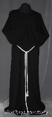 Robe:R306, Robe Style:Monks Robe with coin pouch and<br> Detached cowl, Robe Color:Black, Front/Collar:Round neck, Fiber:Wool Polyester Blend, Neck:24", Sleeve:40", Chest:Up to 60", Length:65", Height:Up to 6' 5". Can be shortened, Note:This black monks robe has a<br>wonderful striped texture<br>and is perfect for cool indoor events.<br>The detached hood is optional<br>and made of a different<br>smoother fabric removable<br>for ease of use.<br>The robe can be hemmed<br>to a desired length.<br>A rope belt is included with the<br>option of a leather belt for extra $45.<br>Machine Washable on gentle,  line dry<br>Please contact us to purchase<br>just the robe or hooded cowl..