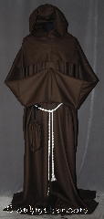 Robe:R308, Robe Style:Keyhole Monks Robe<br>with Detached cowl and coin pouch, Robe Color:Brown, Front/Collar:Key hole neck, Fiber:Lightweight 100% wool suiting, Neck:26", Sleeve:42", Chest:Up to 66", Length:65", Height:Up to 6' 5", Note:This light weight brown monks<br>robe is made of 100% wool<br>is perfect for cool indoor events.<br>The detached hood is removable<br>for ease of use and can<br>be hemmed to desired length.<br>The keyhole neck allows for growth<br>and can be used as an<br>acolyte's robe as well.<br>A rope belt is included with the option<br>of a leather belt for extra $45.<br>Dry clean only..