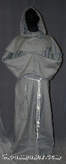 Robe:R316, Robe Style:Monks Robe with Detached cowl<br>and coin pouch, Robe Color:Dove Grey, Fiber:Linen Blend, Neck:26", Sleeve:39", Chest:Up to 60", Length:61", Height:Up to 6' 1". Can be shortened, Note:This linen blend dove<br>grey robe with detached<br>hood can be hemmed<br>to desired length.<br>Perfect for summer<br>or indoor events.<br>Rope belt included<br>with the option<br>of a leather belt<br>for extra $45.<br>Dry clean only..