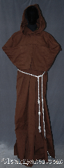 Robe:R319, Robe Style:Monks Robe with Detached<br>cowl and coin pouch, Robe Color:Brown, Fiber:Cotton Lycra, Sleeve:36", Chest:Up to 61", Length:68", Height:Up to 6' 8"<br>Can be shortened, Note:This cotton blend brown<br> robe with detached hood<br>can be hemmed to<br>desired length.<br>Perfect for summer<br>or indoor events.<br>Rope belt included<br>with the option of a<br>leather belt for<br>extra $45.<br>Machine washable..