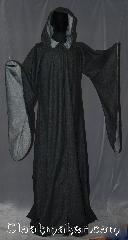 Robe:R321, Robe Style:Druid / Elven robe, Robe Color:Black, Grey Woven, Fiber:80% 20% Wool Nylon, Neck:21", Sleeve:30", Length:72", Height:Up to 7' 10"<br>Can be shortened, Note:A magical garment<br>made a of mid weight<br>double sided wool blend<br>with a black outside<br>and grey inside.<br>Ideal for theatrical fall<br>events or indoor<br>celebrations with<br>pointed sleeves<br>Machine wash gentle<br>line dry.<br>Clasp TBD.