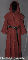 Robe:R326, Robe Style:Monks Robe with Detached<br>cowl and coin pouch, Robe Color:Red, Heathered, Fiber:100% Wool, Sleeve:30", Chest:Up to 60", Length:48", Note:This 100% wool twill robe<br>with detached hood<br>has a slightly rough<br>antique texture and<br>can be hemmed to<br>desired length.<br>Perfect for cool evening<br>or indoor events.<br>Rope belt included<br>with the option of a<br>leather belt, pictured,<br>for extra $45.<br>Machine washable..