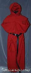 Robe:R329, Robe Style:Monks Robe with Detached cowl and pouch, Robe Color:Red, Fiber:Cotton Blend, Sleeve:38", Chest:Up to 60", Length:62", Height:Up to 6' 2". Can be shortened, Note:This lightweight robe has a<br>detached cowl and a deep hood.<br>It comes with a ropes belt<br>and a pouch with the option<br>of a leather belt, pictured,<br>for extra $45.