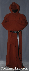 Robe:R331, Robe Style:Monks Robe (Franciscan)<br>with Detached cowl and pouch, Robe Color:Red-Brown, Fiber:Cotton Lycra, Sleeve:39", Chest:Up to 58", Length:68", Height:Up to 6' 8". Can be shortened, Note:Smooth and resilient with just<br>a hint of stretch, this cotton-lycra<br>blend robe is comfortable for<br>whatever you need to do.<br>Pictured with a leather belt<br>(not included).<br>Robe comes with a rope belt<br>and a matching pouch..