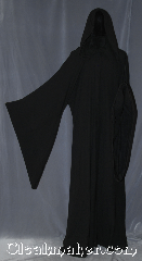 Robe:R361, Robe Style:Sith or Holocaust Style Cloak, Robe Color:Black, Fiber:100 % Wool, Neck:24", Sleeve:39", Chest:up to 60", Length:68", Note:Hooded Sith or Holocaust Style Cloak<br>with pointed drop sleeves and<br>a black vale hook and eye clasp<br>light weight <br>Made of classic feeling<br>100% wool flat woven<br>Dry clean only..